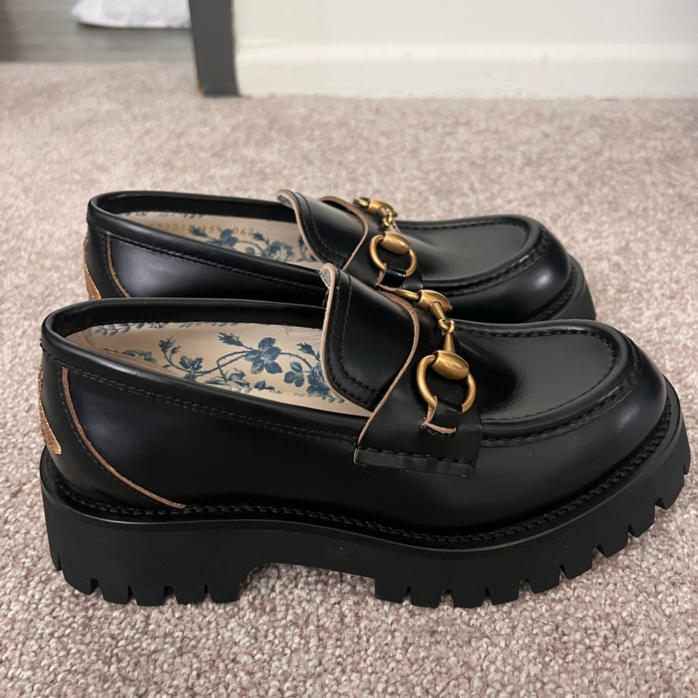 Gucci Black Leather Horsebit Lug Sole Loafers